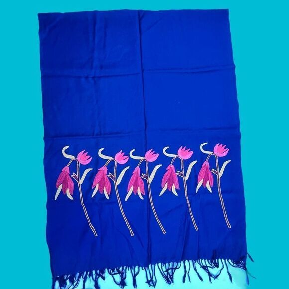 Ana Lee Women's One Size Royal Blue Floral Wool Embroidery Shawl With Tassel - Picture 2 of 7